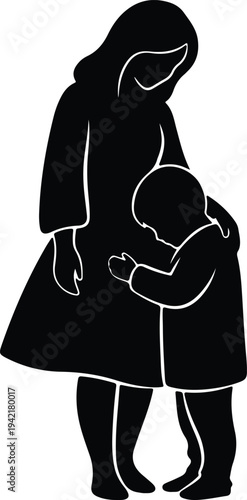 Vector mother hugging child with love and care minimalist silhouette design