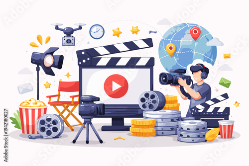 Flat vector illustration of professional movie and video production featuring a cameraman, clapperboard, film reels, popcorn, director chair, studio light, drone, and global media distribution.
