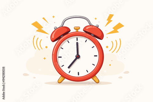 Ringing Red Alarm Clock Vector Illustration with Sound Waves and Lightning Bolts, Simple Flat Design Icon for Morning Wake Up Call, Time Management, Deadline, and Productivity Concept Art