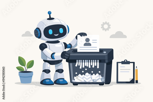 AI Robot Shredding Employee Application Document in Paper Shredder Machine, Concept of Data Privacy, Automated Document Destruction, and Information Security, Flat Vector Illustration Design