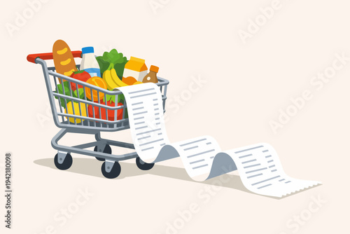 Shopping cart full of groceries with a long paper receipt trailing behind, flat vector illustration representing high cost of living, inflation, retail sales, consumerism, and expensive food prices.