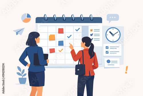 Two Businesswomen Planning Work Schedule on Large Calendar Agenda with Sticky Notes and Clock. Flat Vector Illustration of Female Professionals Managing Time, Tasks, Deadlines, and Productivity.