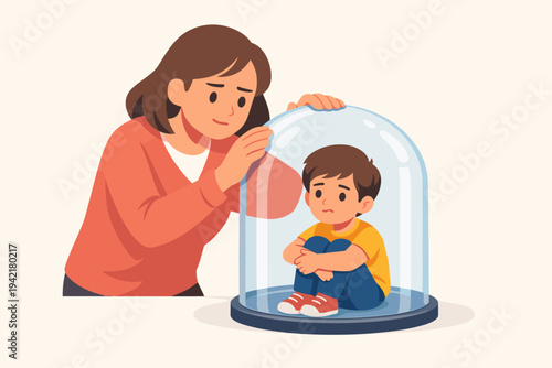 Overprotective Mother Keeping Her Young Son Inside a Glass Dome, Symbolizing Helicopter Parenting, Social Isolation, and Excessive Parental Control in a Simple Flat Vector Illustration