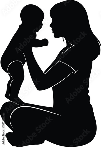 Vector Mother lovingly holding baby child in caring embrace silhouette design