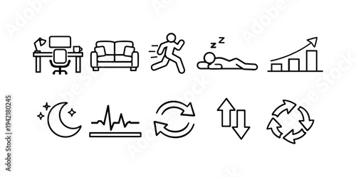 Fitness and wellness outline icon set. Health, exercise, rest linear icon collection