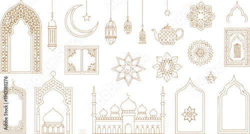 Islamic decorative elements collection featuring ornate arch mosque lantern crescent geometric patterns and floral mandala line art vector set