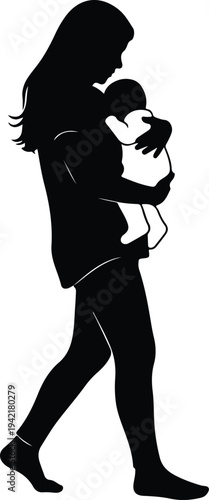 Vector mother walking carrying baby child love care silhouette design