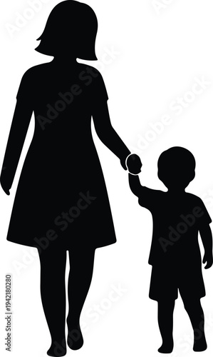 Vector mother walking with child holding hands together family silhouette design
