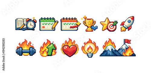 Achievement and success pixel icon set. Retro-style icons for goals and rewards theme.