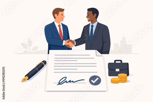 Businessmen Shaking Hands over Signed Contract Document with Pen, Briefcase, and Gold Coins, Representing Successful Partnership, Financial Agreement, Corporate Deal, and Professional Success.