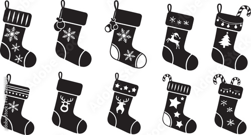 Christmas stockings with various holiday decorations and designs
