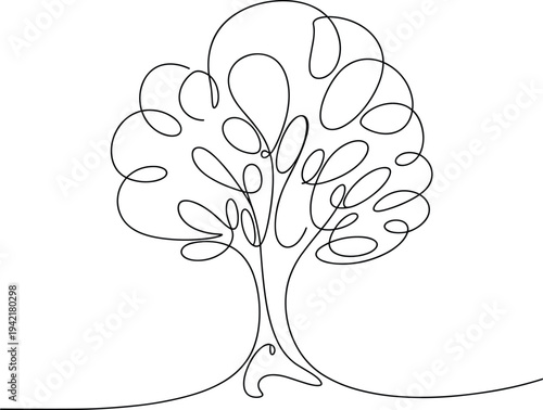Stylized single line drawing of a tree with a rounded canopy and roots on a white background line art