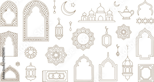 Islamic decorative elements collection featuring ornate arch mosque lantern crescent geometric patterns and floral mandala line art vector set