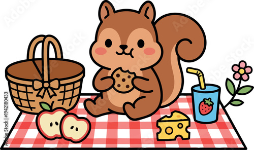 Cute smiling squirrel eating cookie sitting on red checkered picnic blanket with basket apple cheese and strawberry juice vector art