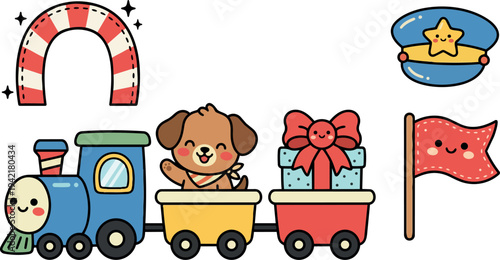 Colorful cartoon style toy train with puppy and gift box carriages and smiling face friendly design