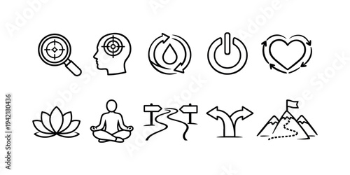 Mindfulness and wellness line icon set. Meditation, yoga, wellness symbols outline pack