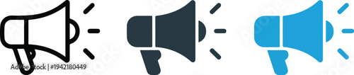 Minimalist megaphone icon set with outline, gray and blue loudspeaker designs showing announcement, marketing, and communication concept