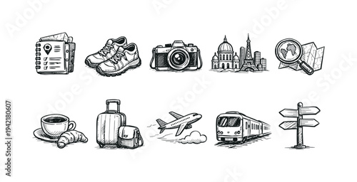 Travel and tourism outline icon set. Vacation, adventure, exploration icons collection.