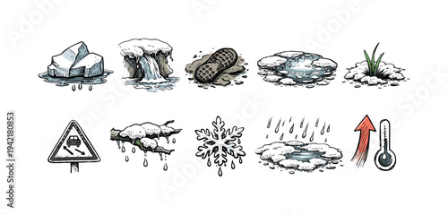 Winter weather outline icon set. Snow, cold temperature, ice, thaw, snowflake, season