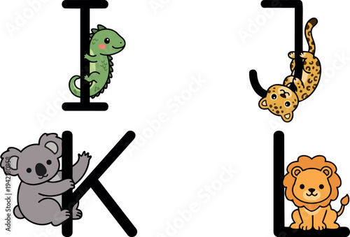 Cute cartoon animal alphabet with koala lizard leopard and lion climbing and sitting on black letters ikjl in colorful vector art