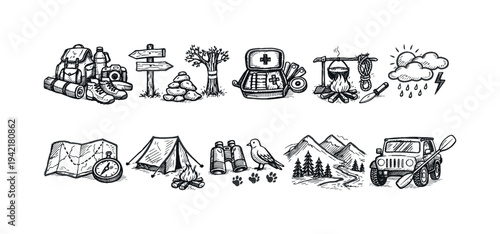 Camping and hiking outline icon set for outdoor adventures in nature