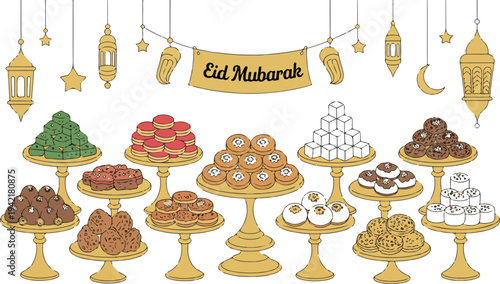 Ramadan icon collection featuring lantern crescent moon mosque star and Islamic symbols in modern decorative vector design set