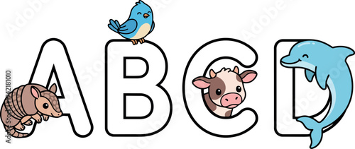 Cute cartoon animals armadillo blue bird cow dolphin with alphabet letters abc d educational vector art illustration