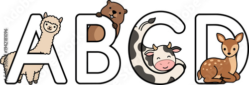 Cute cartoon farm animals integrated into large letters a b c d alphabet educational playful vector art with friendly bright colors