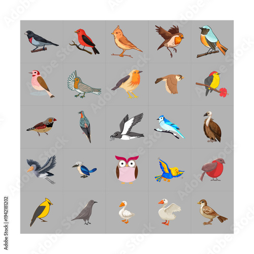 Bird Illustration Grid 25 Unique Avian Designs in Colorful Styles for Ornithology, Education, and Artistic Inspiration
