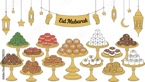 Ramadan icon collection featuring lantern crescent moon mosque star and Islamic symbols in modern decorative vector design set