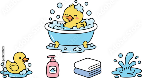 Cute smiling yellow duckling enjoying bubble bath in blue tub surrounded by soap towels and water splashes vector art