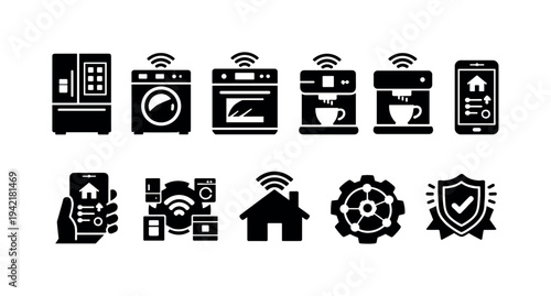 Smart home automation solid icon set. Connectivity, wireless device icons collection
