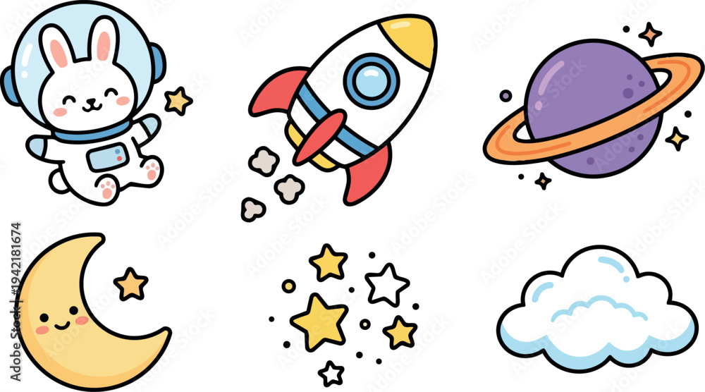 Fototapeta Cute cartoon astronaut bunny with smiling moon crescent and colorful rocket ship flying with purple ringed planet stars and fluffy cloud vector illustration