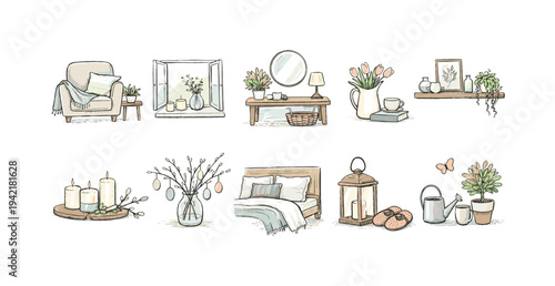 Cozy home decor icon set. Hand-drawn cozy elements illustration collection in flat style