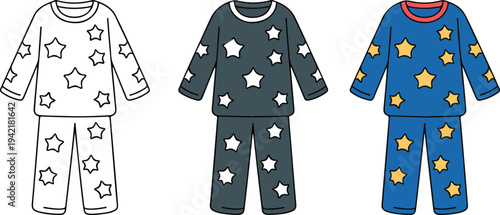 Minimalist children pajamas icon set with outline, gray and blue designs featuring star pattern sleepwear in clean vector style