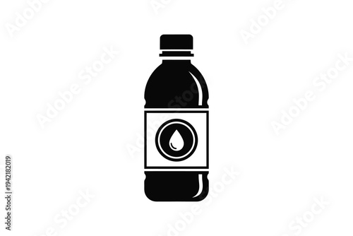 Black silhouette of a plastic bottle with a water drop logo on the label, isolated on white background, representing hydration and refreshment in a simple vector illustration style.