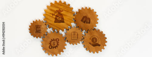 Fotografie Panorama banner of wooden cogwheel gear connecting each other symbolize function productive system in business company and synergy teamwork with effective and efficiency working