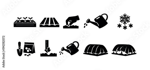 Gardening, plant care solid icon set. Essential growing tools and techniques collection