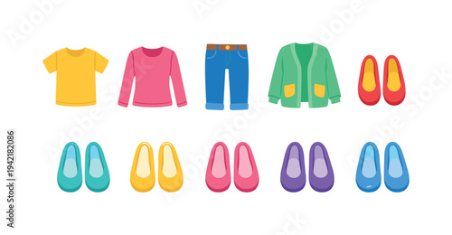 Clothing and shoes flat icon set. Apparel, footwear, fashion icons collection.