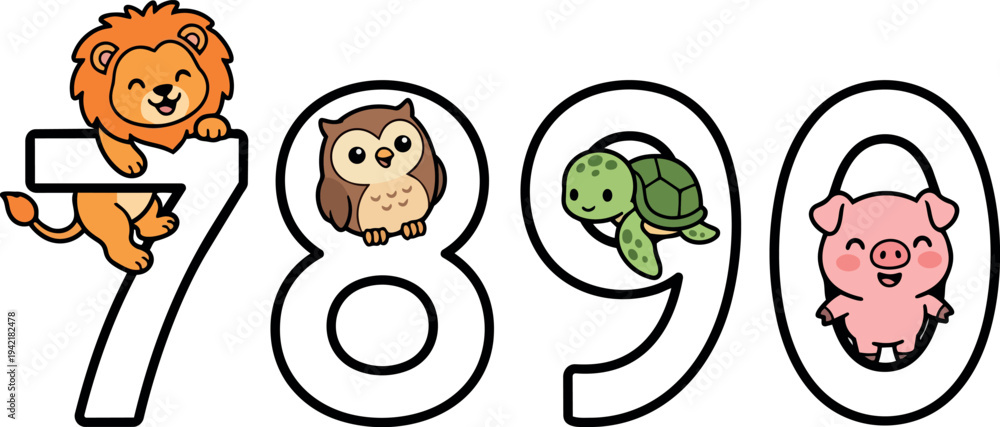 Obraz premium Cute cartoon lion climbing number seven adorable owl perched inside number eight smiling turtle in number nine happy pink pig inside number zero vector art