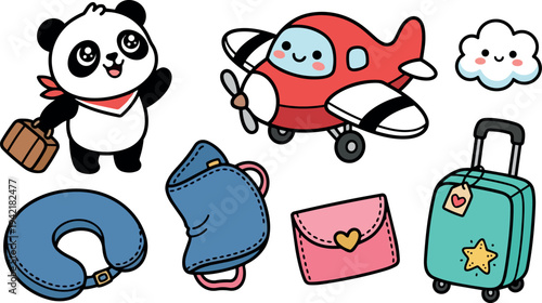 Cute panda with suitcase waving near smiling red airplane cloud and travel accessories illustration in flat design style