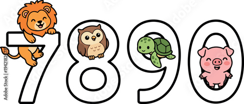 Cute cartoon lion climbing number seven adorable owl perched inside number eight smiling turtle in number nine happy pink pig inside number zero vector art