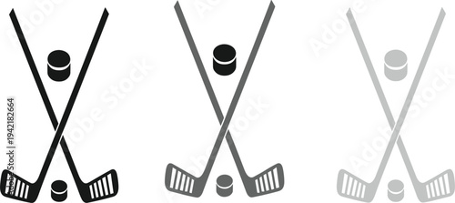 Ice Hockey Equipment Icon Set with Crossed Sticks and Pucks in Various Gray Tones for Winter Sports Competition and Athletic Team Logo Graphic Designs
