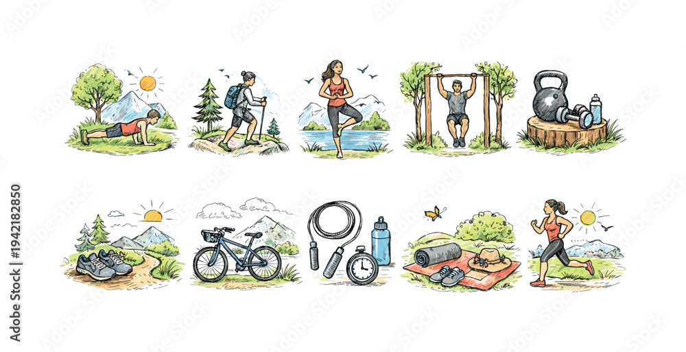 Fototapeta premium Outdoor fitness icon set. Exercise, adventure, wellness icons in outline style