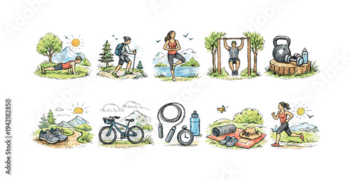 Outdoor fitness icon set. Exercise, adventure, wellness icons in outline style