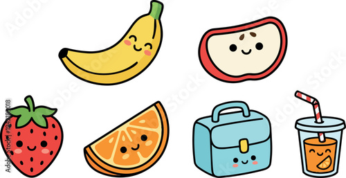Cute kawaii style smiling banana strawberry orange slice apple juice cup and lunchbox vector icon set with happy faces and pastel colors
