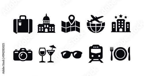 Travel and tourism silhouette icon set. Perfect for vacation and exploration projects.