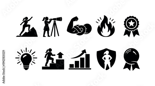 Achievement and motivation silhouette icon set. Inspiration, success icons collection.