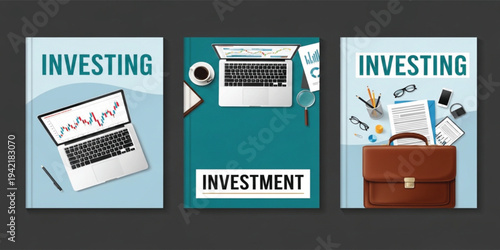 Investment and Financial Planning Poster Set with Laptop Charts Documents and Business Tools for Stock Market Trading Wealth Management and Finance Education Design