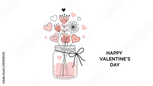 Romantic Valentine's Day greeting card design featuring a glass jar filled with pink flowers and hearts with elegant black text.